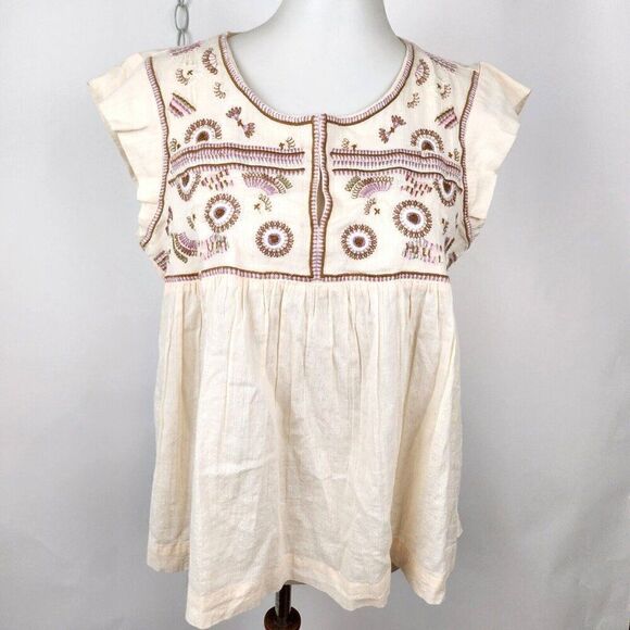 NEW Lucky Brand Ivory Embroidered Baby Doll Boho Cap Sleeve Swing Top Womens S/P - Picture 1 of 8